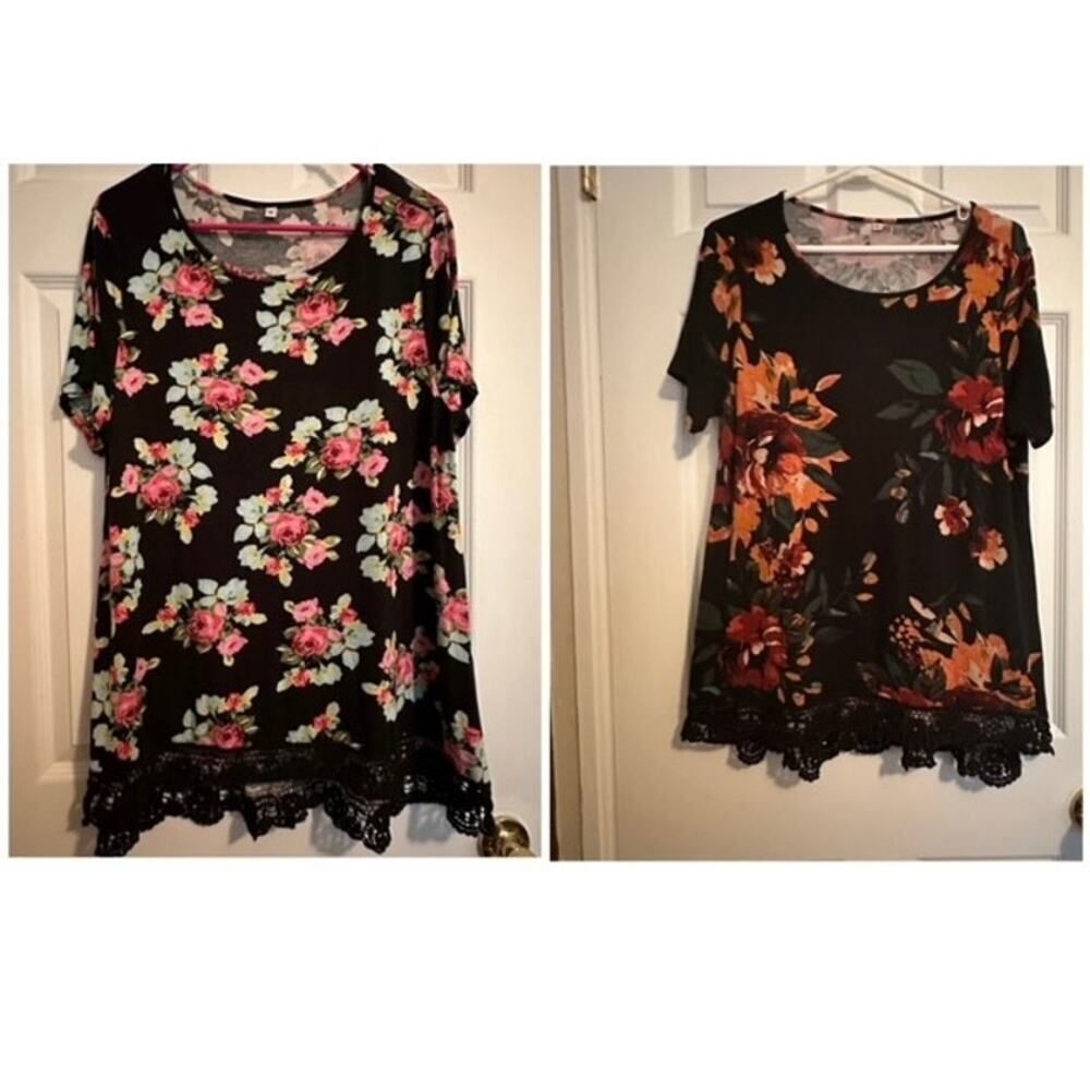 Pretty Floral Top with Crochet Lace Bottom Blouse Bundle (2) Size XL